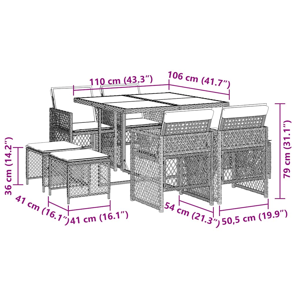 vidaXL 9 Piece Garden Dining Set with Cushions Grey Poly Rattan