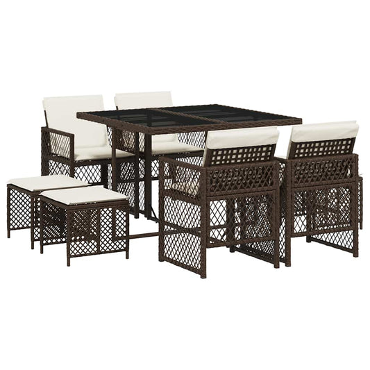 vidaXL 9 Piece Garden Dining Set with Cushions Brown Poly Rattan