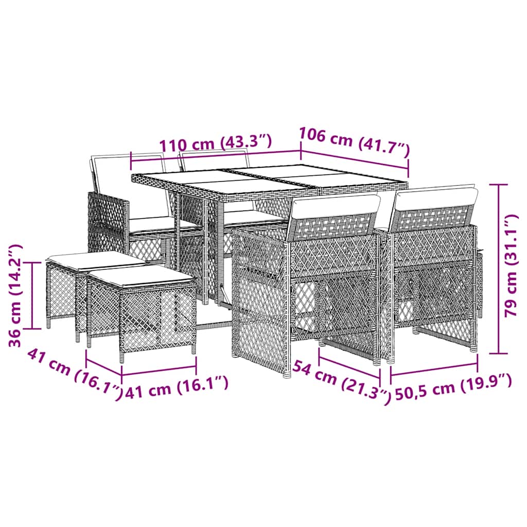vidaXL 9 Piece Garden Dining Set with Cushions Beige Poly Rattan