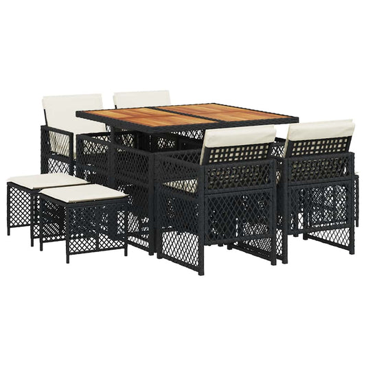 vidaXL 9 Piece Garden Dining Set with Cushions Black Poly Rattan
