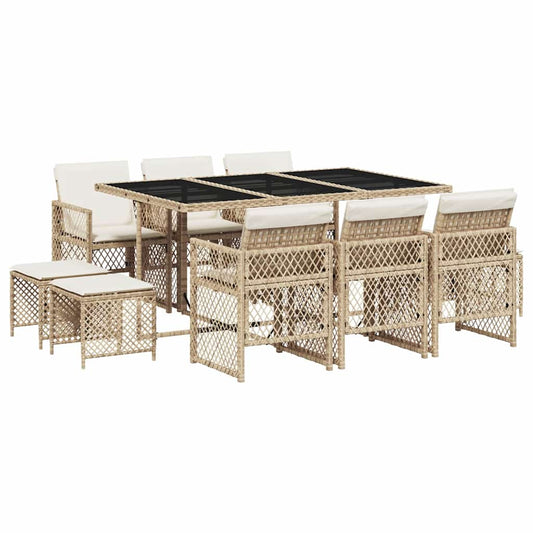 vidaXL 11 Piece Garden Dining Set with Cushions Beige Poly Rattan
