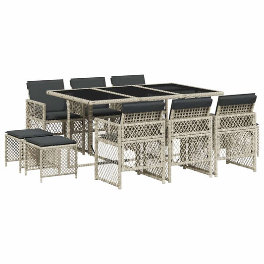 vidaXL 11 Piece Garden Dining Set with Cushions Light Grey Poly Rattan
