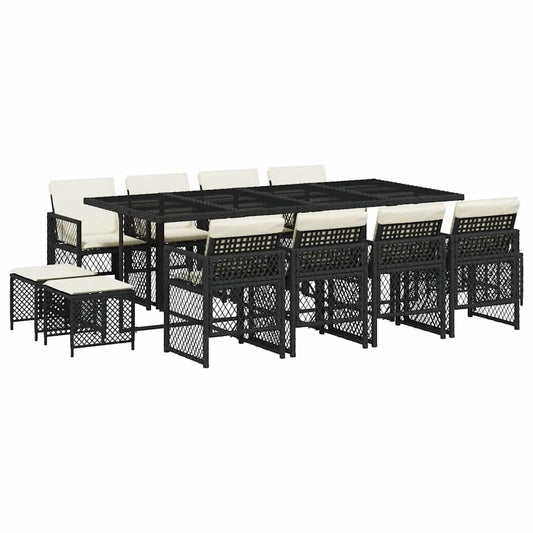 vidaXL 13 Piece Garden Dining Set with Cushions Black Poly Rattan