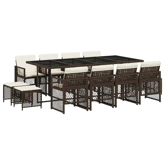 vidaXL 13 Piece Garden Dining Set with Cushions Brown Poly Rattan
