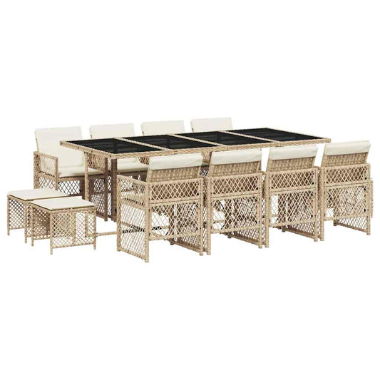 vidaXL 13 Piece Garden Dining Set with Cushions Beige Poly Rattan