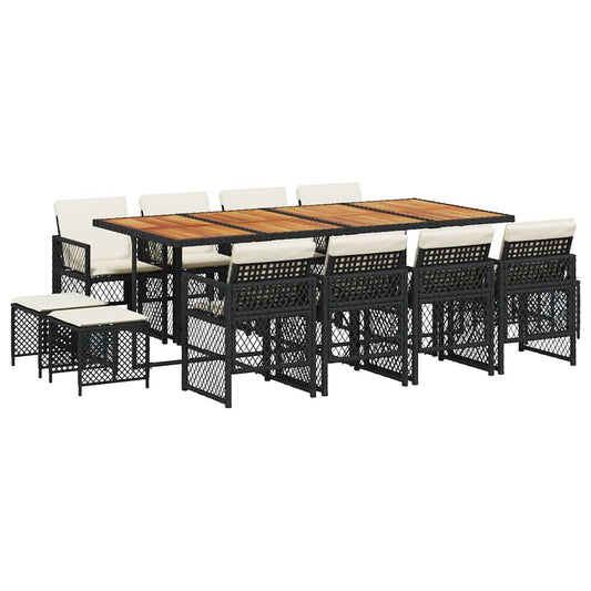vidaXL 13 Piece Garden Dining Set with Cushions Black Poly Rattan
