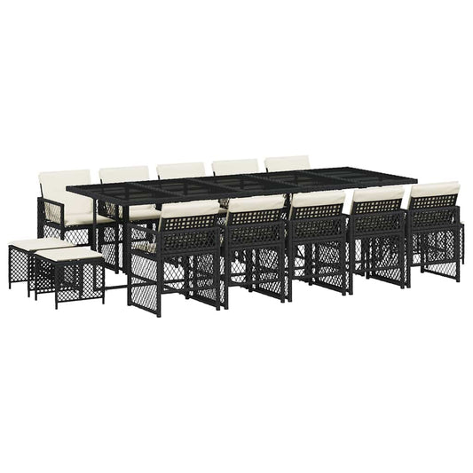 vidaXL 15 Piece Garden Dining Set with Cushions Black Poly Rattan