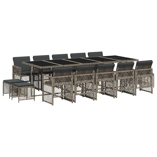 vidaXL 15 Piece Garden Dining Set with Cushions Grey Poly Rattan