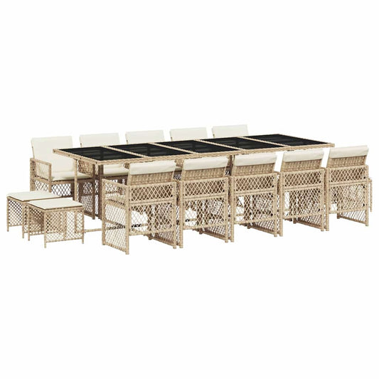 vidaXL 15 Piece Garden Dining Set with Cushions Beige Poly Rattan