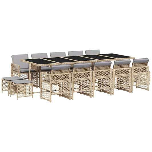 vidaXL 15 Piece Garden Dining Set with Cushions Beige Poly Rattan