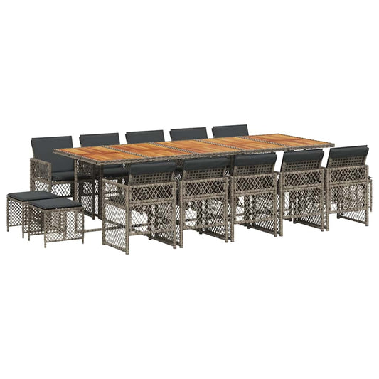 vidaXL 15 Piece Garden Dining Set with Cushions Grey Poly Rattan