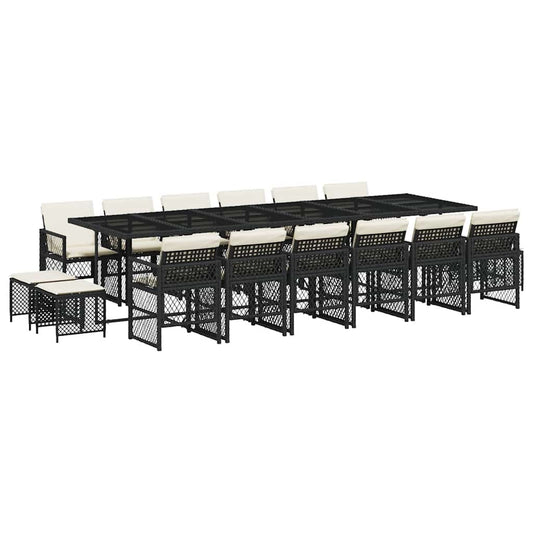 vidaXL 17 Piece Garden Dining Set with Cushions Black Poly Rattan