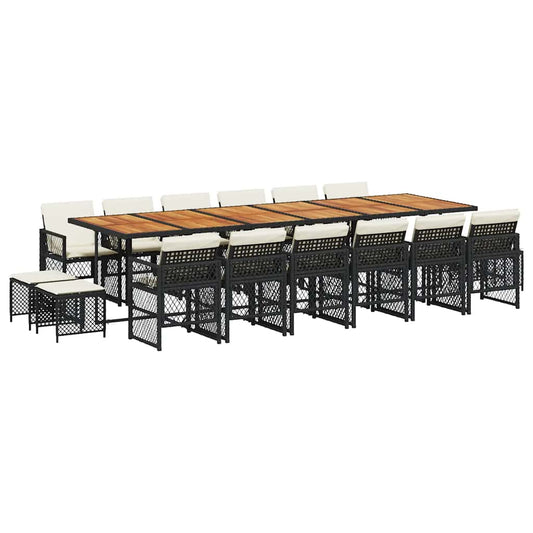 vidaXL 17 Piece Garden Dining Set with Cushions Black Poly Rattan