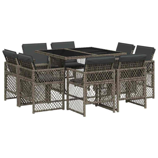 vidaXL 9 Piece Garden Dining Set with Cushions Grey Poly Rattan