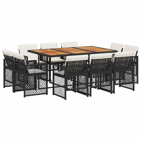 vidaXL 11 Piece Garden Dining Set with Cushions Black Poly Rattan