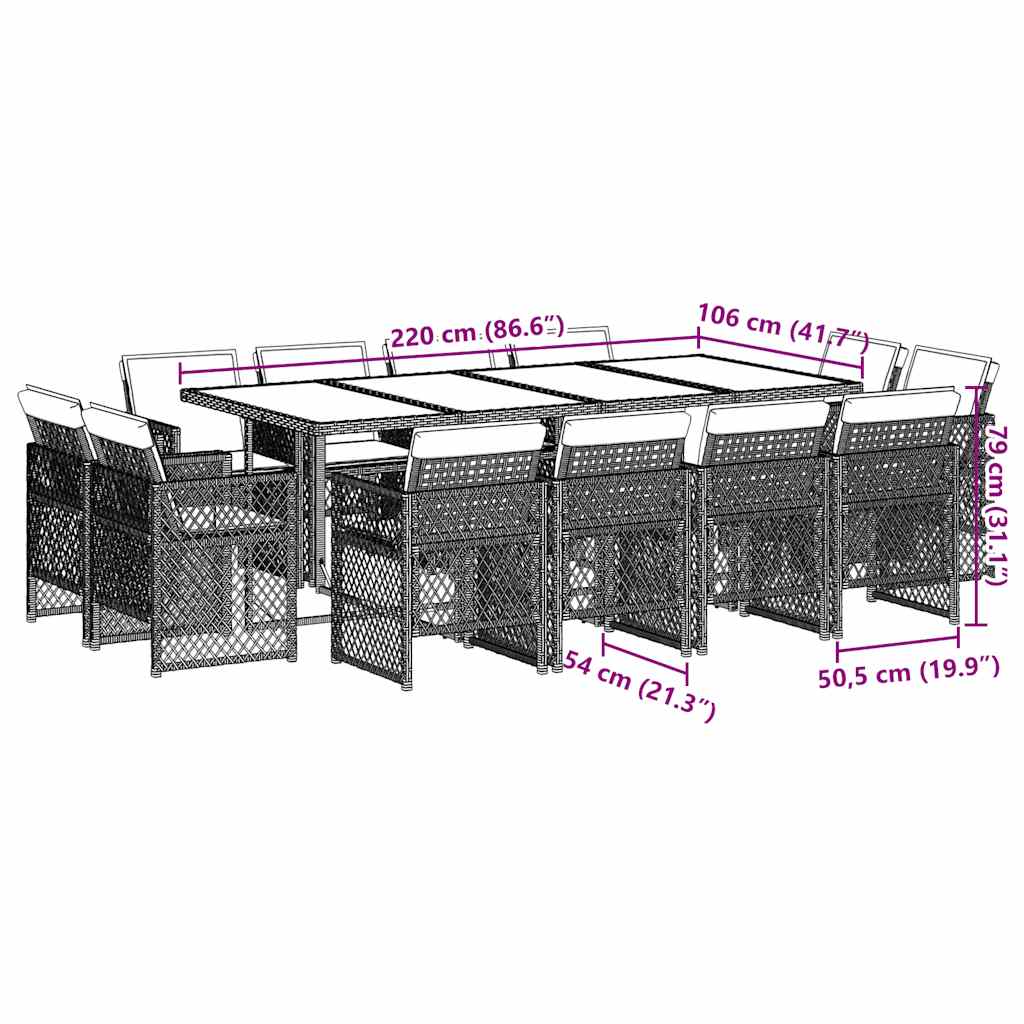 vidaXL 13 Piece Garden Dining Set with Cushions Light Grey Poly Rattan