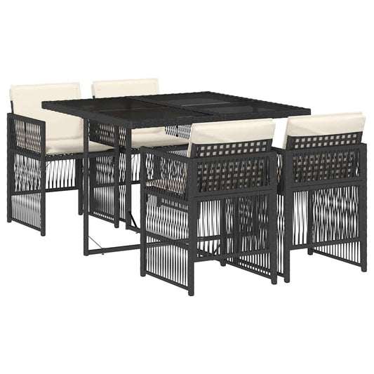 vidaXL 5 Piece Garden Dining Set with Cushions Black Poly Rattan