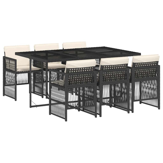 vidaXL 7 Piece Garden Dining Set with Cushions Black Poly Rattan