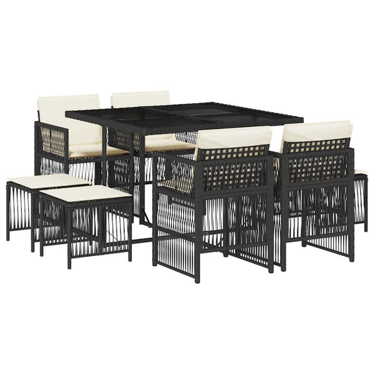 vidaXL 9 Piece Garden Dining Set with Cushions Black Poly Rattan