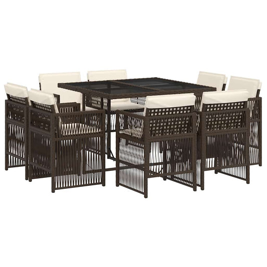 vidaXL 9 Piece Garden Dining Set with Cushions Brown Poly Rattan