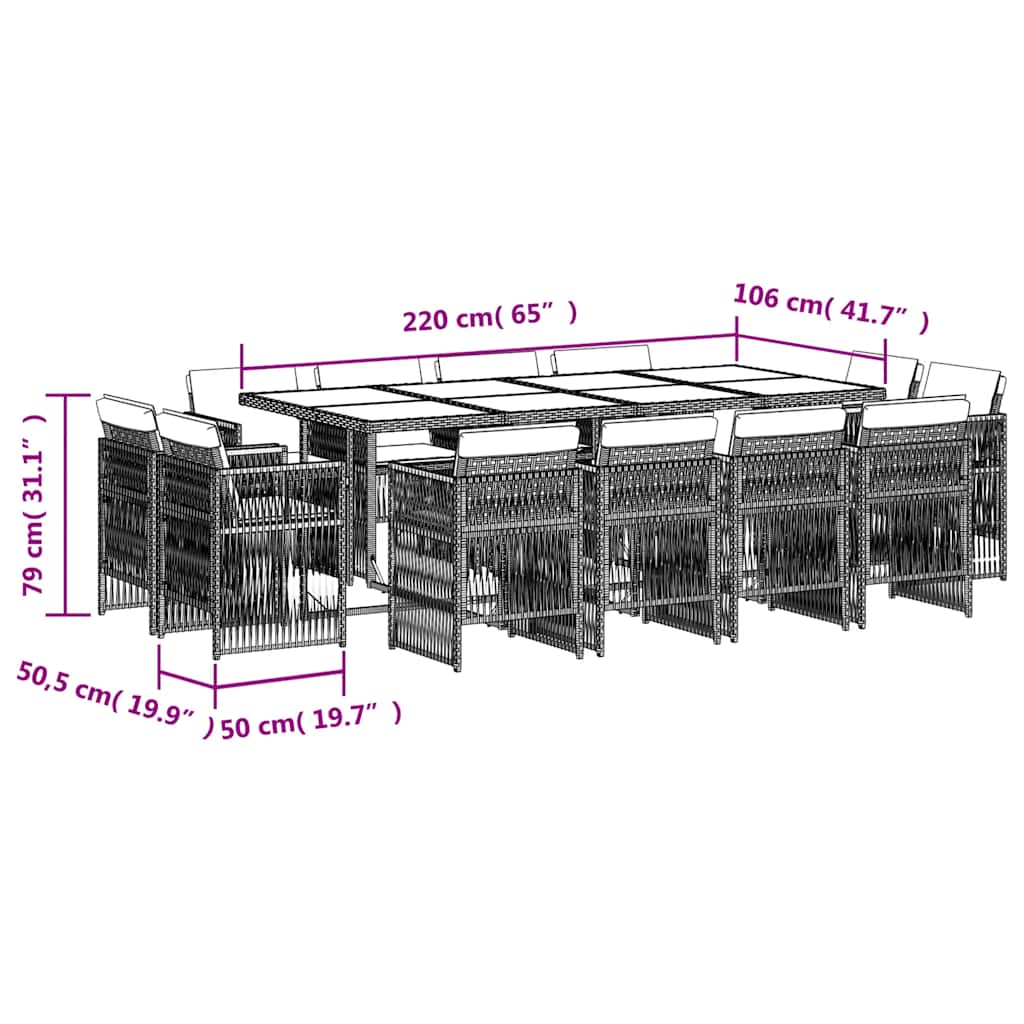 vidaXL 13 Piece Garden Dining Set with Cushions Grey Poly Rattan