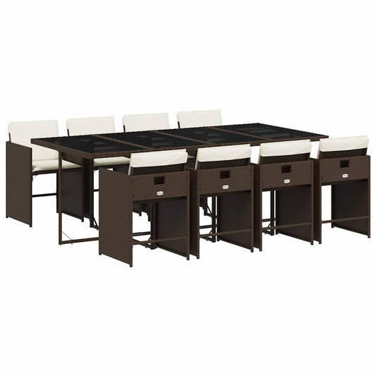 vidaXL 9 Piece Garden Dining Set with Cushions Brown Poly Rattan