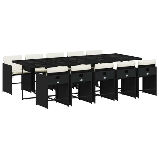 vidaXL 11 Piece Garden Dining Set with Cushions Black Poly Rattan