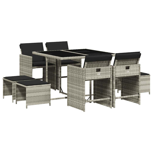 vidaXL 9 Piece Garden Dining Set with Cushions Light Grey Poly Rattan