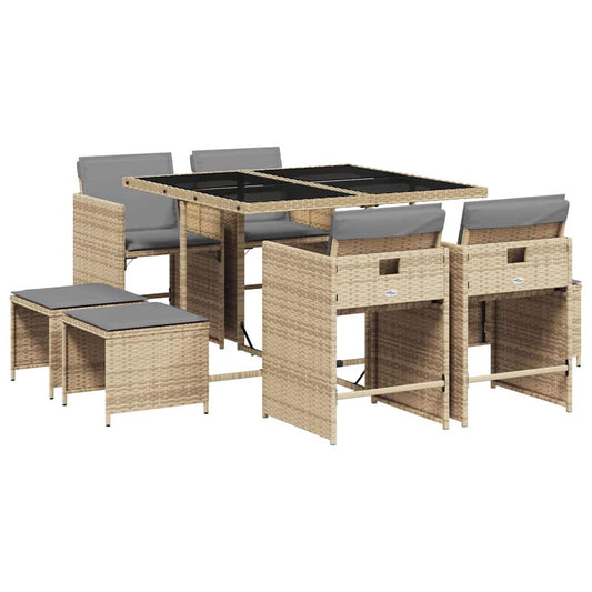 vidaXL 9 Piece Garden Dining Set with Cushions Mix Beige Poly Rattan
