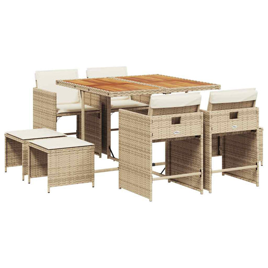vidaXL 9 Piece Garden Dining Set with Cushions Beige Poly Rattan