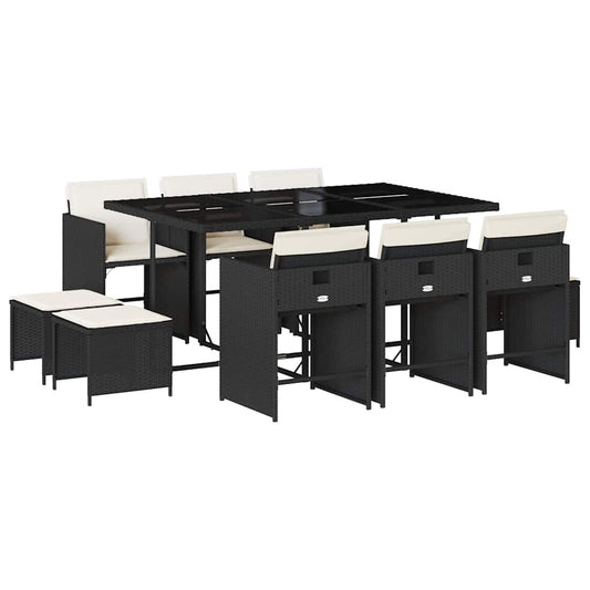 vidaXL 11 Piece Garden Dining Set with Cushions Black Poly Rattan