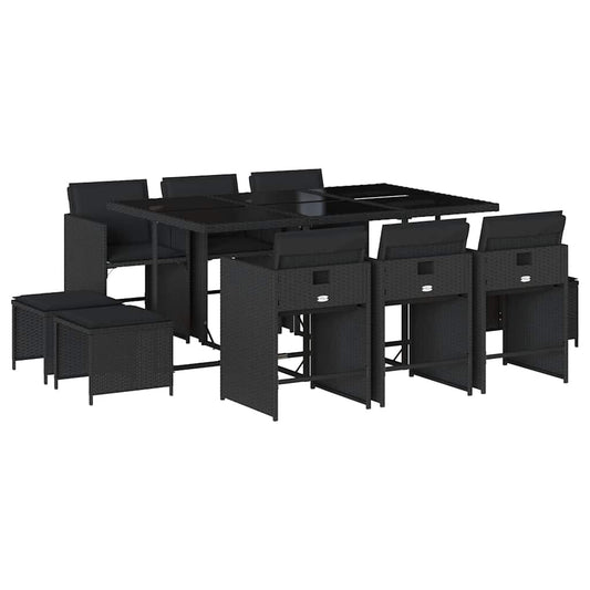 vidaXL 11 Piece Garden Dining Set with Cushions Black Poly Rattan