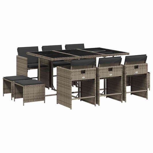 vidaXL 11 Piece Garden Dining Set with Cushions Grey Poly Rattan