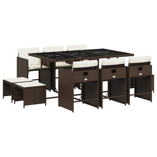 vidaXL 11 Piece Garden Dining Set with Cushions Brown Poly Rattan