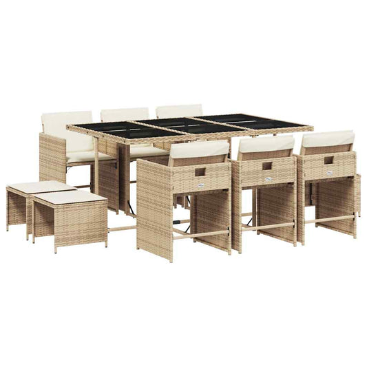 vidaXL 11 Piece Garden Dining Set with Cushions Beige Poly Rattan