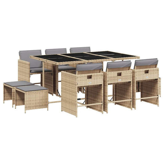 vidaXL 11 Piece Garden Dining Set with Cushions Mix Beige Poly Rattan