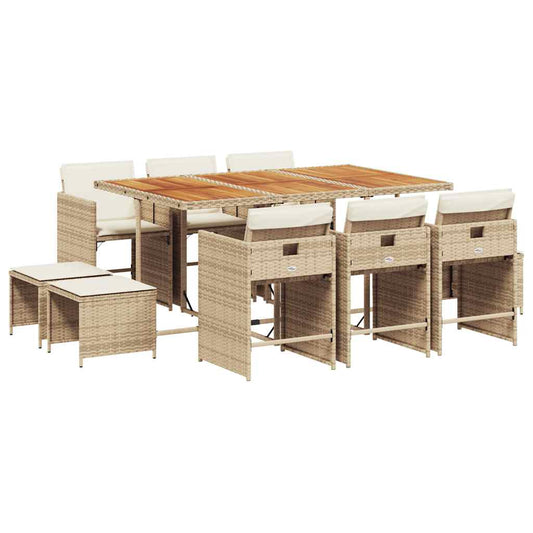 vidaXL 11 Piece Garden Dining Set with Cushions Beige Poly Rattan