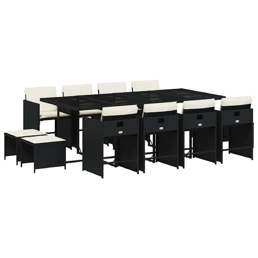 vidaXL 13 Piece Garden Dining Set with Cushions Black Poly Rattan