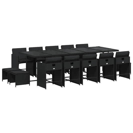 vidaXL 15 Piece Garden Dining Set with Cushions Black Poly Rattan