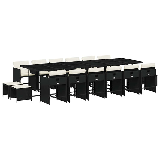 vidaXL 17 Piece Garden Dining Set with Cushions Black Poly Rattan