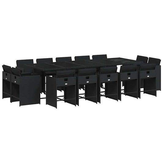 vidaXL 15 Piece Garden Dining Set with Cushions Black Poly Rattan