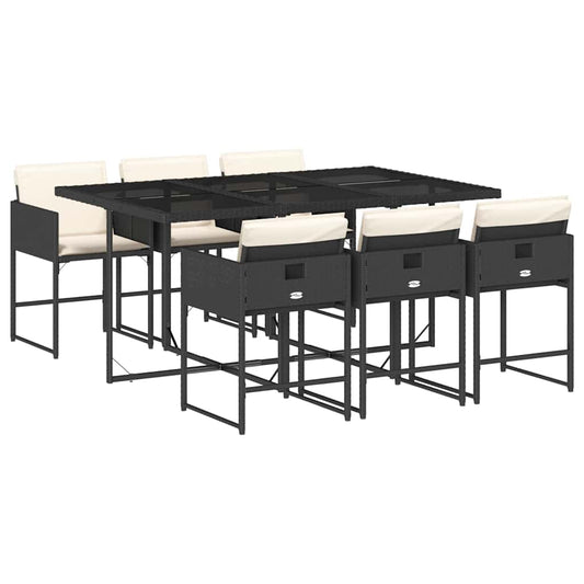 vidaXL 7 Piece Garden Dining Set with Cushions Black Poly Rattan