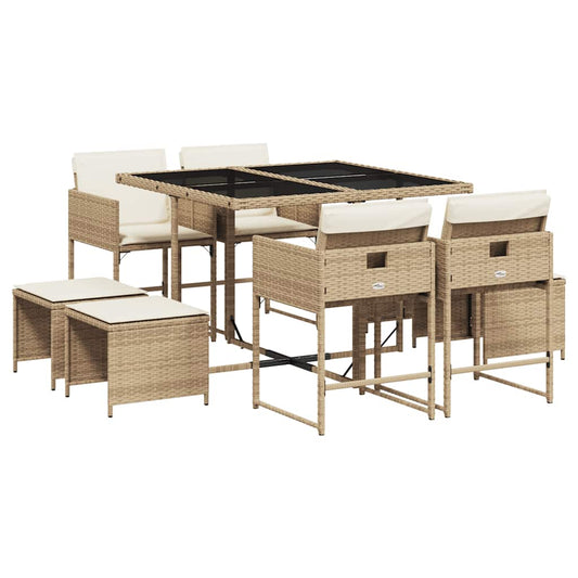 vidaXL 9 Piece Garden Dining Set with Cushions Beige Poly Rattan
