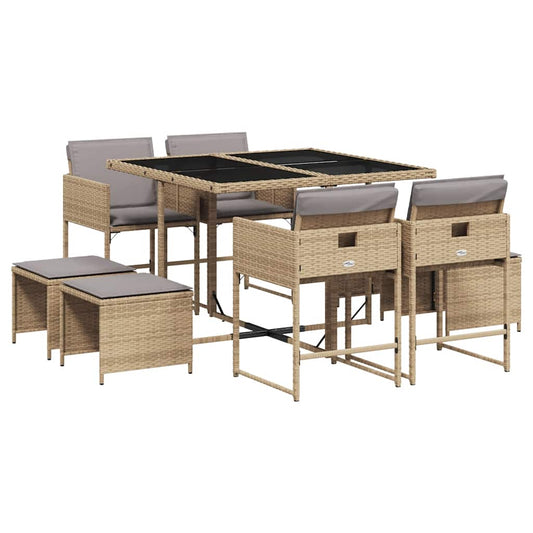 vidaXL 9 Piece Garden Dining Set with Cushions Mix Beige Poly Rattan