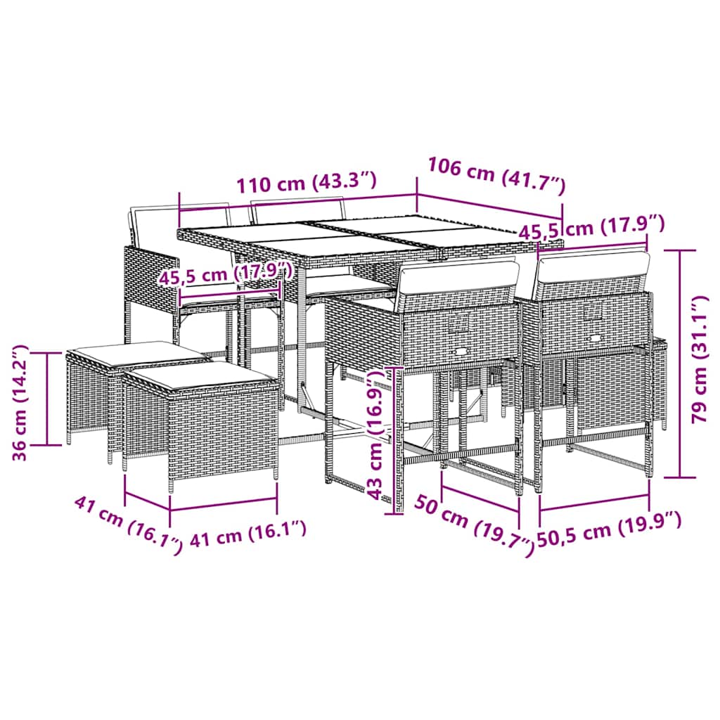 vidaXL 9 Piece Garden Dining Set with Cushions Black Poly Rattan