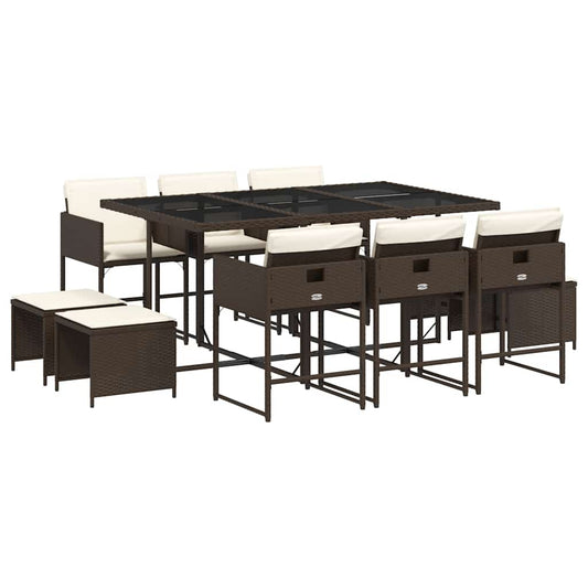 vidaXL 11 Piece Garden Dining Set with Cushions Brown Poly Rattan