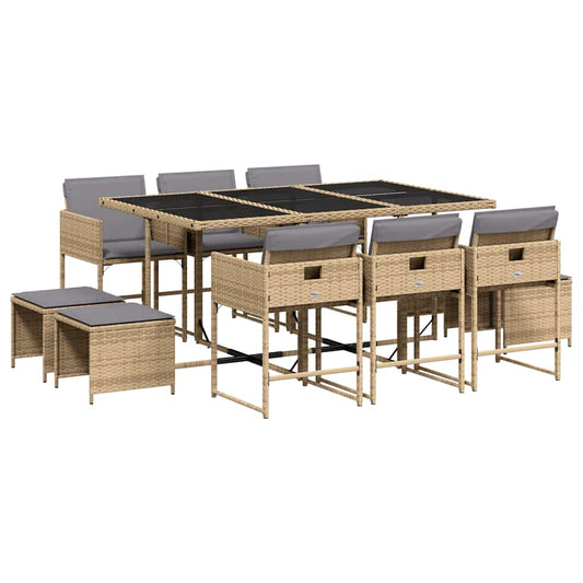 vidaXL 11 Piece Garden Dining Set with Cushions Mix Beige Poly Rattan