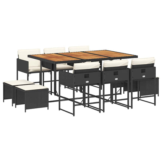 vidaXL 11 Piece Garden Dining Set with Cushions Black Poly Rattan