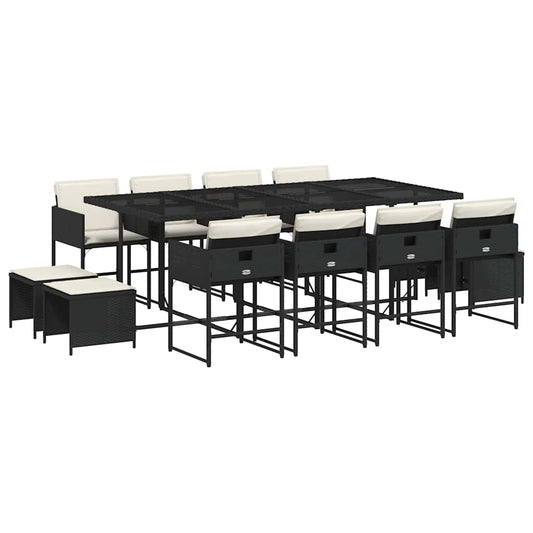 vidaXL 13 Piece Garden Dining Set with Cushions Black Poly Rattan
