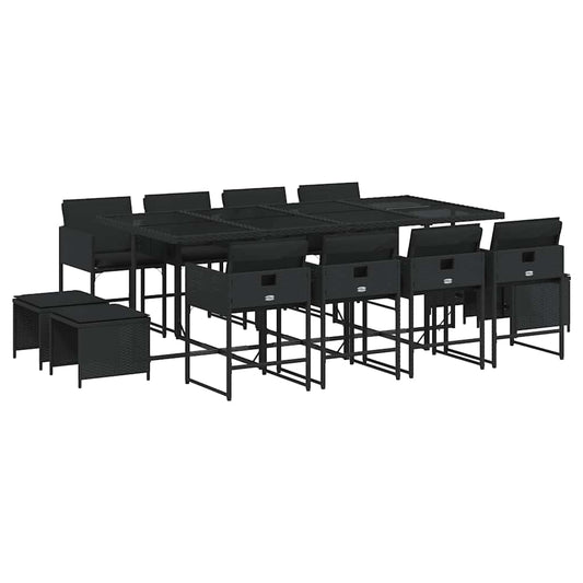vidaXL 13 Piece Garden Dining Set with Cushions Black Poly Rattan